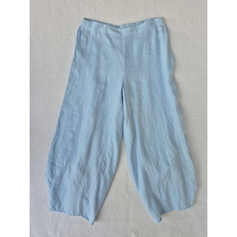 Comfy U.S.A. Womens Blue Linen Crop Pants M Balloon Barrel Leg Pull On Made USA